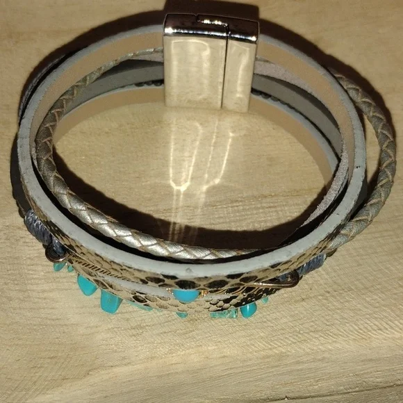 Turquoise Like and Silver Multi-Layer Bracelet - Picture 3 of 6